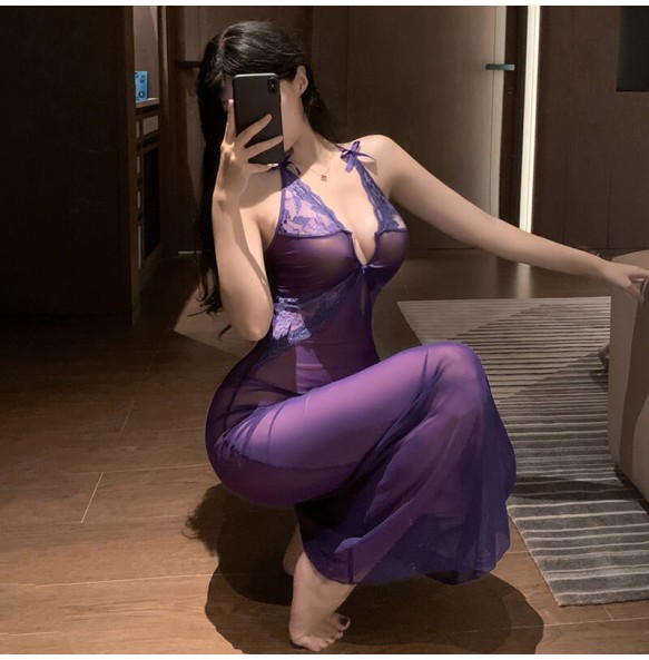 FEE ET MOI - Lace Mesh Sheer Maxi Dress (Purple)